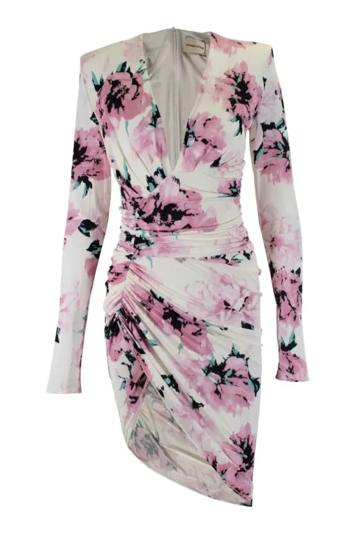 White, pink, blue floral print long-sleeved gathered midi dress