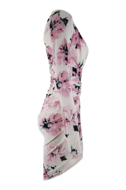 White, pink, blue floral print long-sleeved gathered midi dress