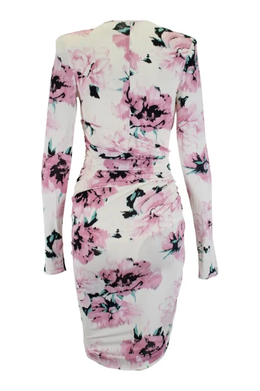 White, pink, blue floral print long-sleeved gathered midi dress