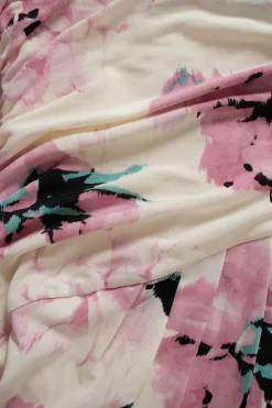 White, pink, blue floral print long-sleeved gathered midi dress