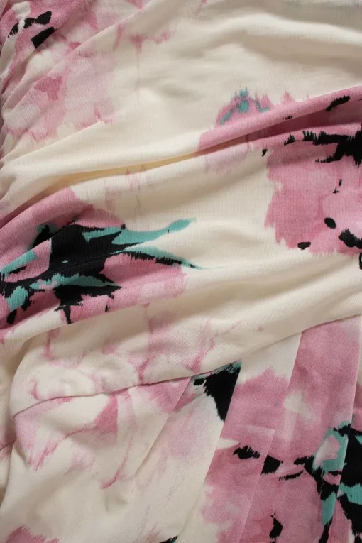White, pink, blue floral print long-sleeved gathered midi dress