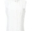 White pleated cotton poplin high band collar sleeveless shirt
