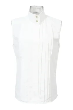 White pleated cotton poplin high band collar sleeveless shirt
