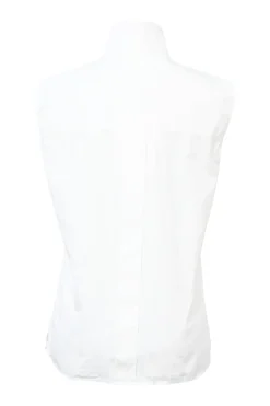 White pleated cotton poplin high band collar sleeveless shirt