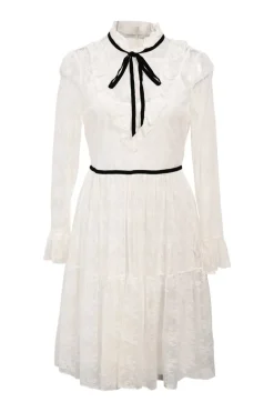 White polyamide floral lace high-neck dress with contrast trim