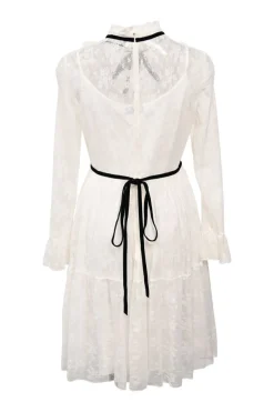 White polyamide floral lace high-neck dress with contrast trim