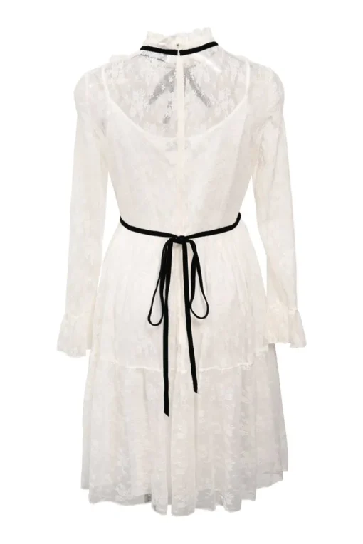 White polyamide floral lace high-neck dress with contrast trim