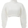 White polyester ruffle high-collar dolman sleeve plissé crop top with concealed rear hook and eye fastening