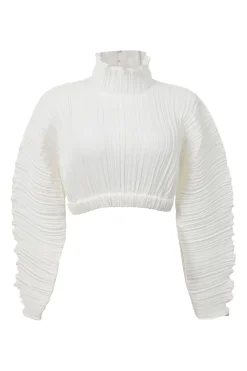 White polyester ruffle high-collar dolman sleeve plissé crop top with concealed rear hook and eye fastening