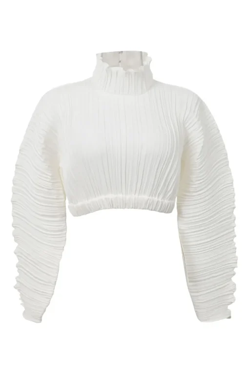 White polyester ruffle high-collar dolman sleeve plissé crop top with concealed rear hook and eye fastening
