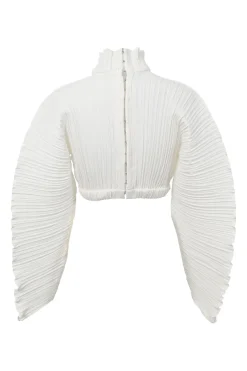 White polyester ruffle high-collar dolman sleeve plissé crop top with concealed rear hook and eye fastening
