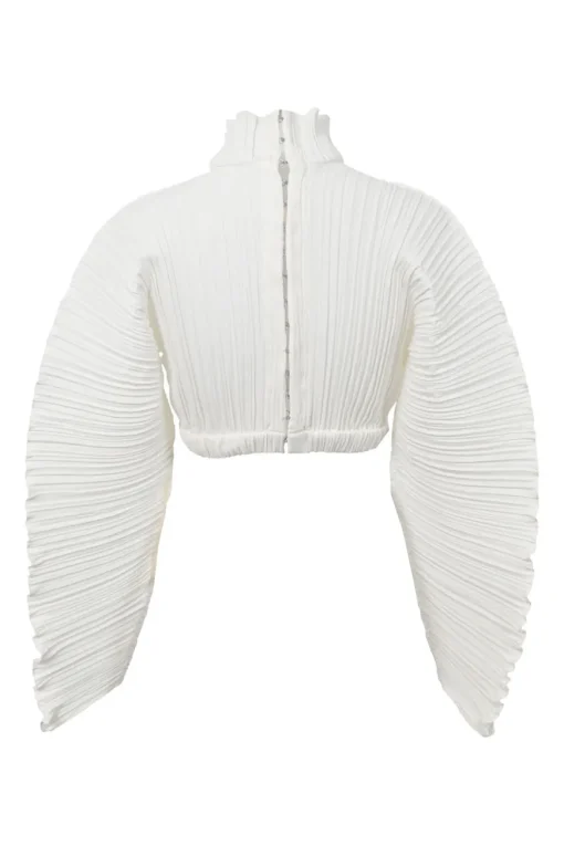 White polyester ruffle high-collar dolman sleeve plissé crop top with concealed rear hook and eye fastening