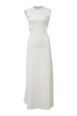 White polyester-blend sleeveless A-line maxi dress with side cutouts