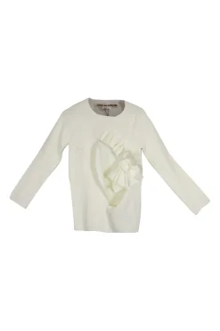 White ponte di Roma ruffle appliqué cut-out pullover knit