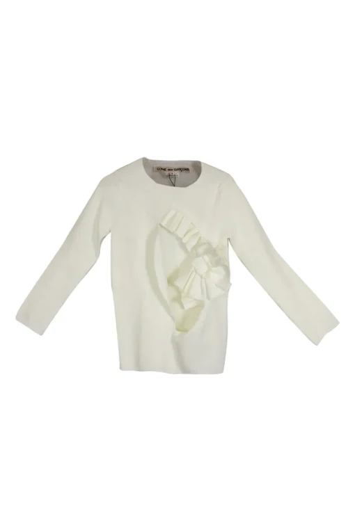 White ponte di Roma ruffle appliqué cut-out pullover knit