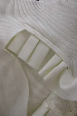 White ponte di Roma ruffle appliqué cut-out pullover knit