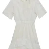 White ramie broderie Anglaise short sleeve A-line mini dress high-low hem