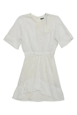 White ramie broderie Anglaise short sleeve A-line mini dress high-low hem