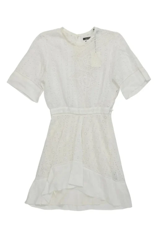 White ramie broderie Anglaise short sleeve A-line mini dress high-low hem