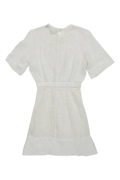 White ramie broderie Anglaise short sleeve A-line mini dress high-low hem