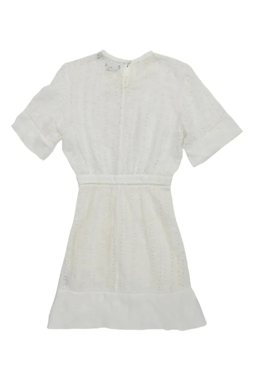 White ramie broderie Anglaise short sleeve A-line mini dress high-low hem