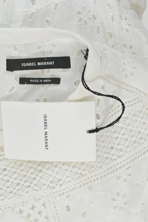 White ramie broderie Anglaise short sleeve A-line mini dress high-low hem