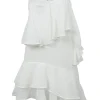 White raw-edge cotton tiered ruffle racerback asymmetric mini dress