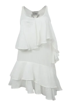 White raw-edge cotton tiered ruffle racerback asymmetric mini dress