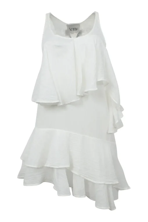 White raw-edge cotton tiered ruffle racerback asymmetric mini dress