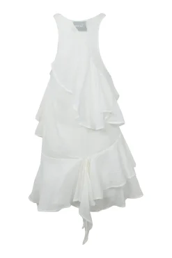 White raw-edge cotton tiered ruffle racerback asymmetric mini dress