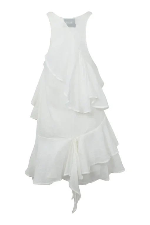 White raw-edge cotton tiered ruffle racerback asymmetric mini dress