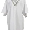 White rayon-blend ponte jersey V-neck crystal T-shirt dress