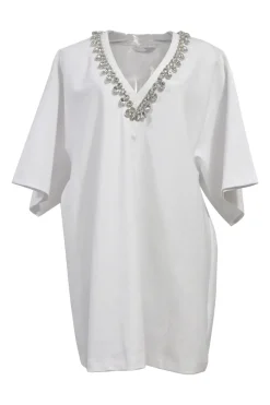 White rayon-blend ponte jersey V-neck crystal T-shirt dress