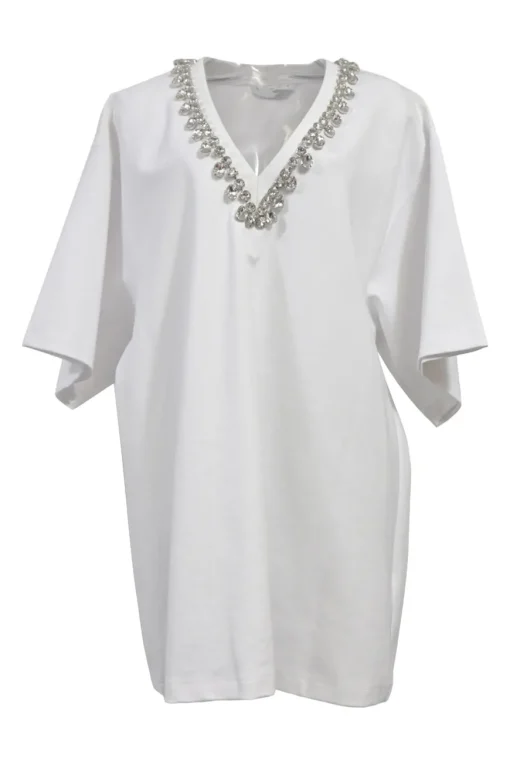 White rayon-blend ponte jersey V-neck crystal T-shirt dress