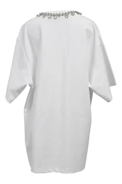 White rayon-blend ponte jersey V-neck crystal T-shirt dress