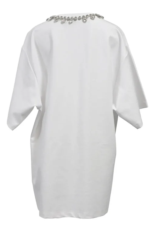 White rayon-blend ponte jersey V-neck crystal T-shirt dress