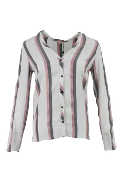 White, red and navy long-sleeve button-up top with embroidery detail