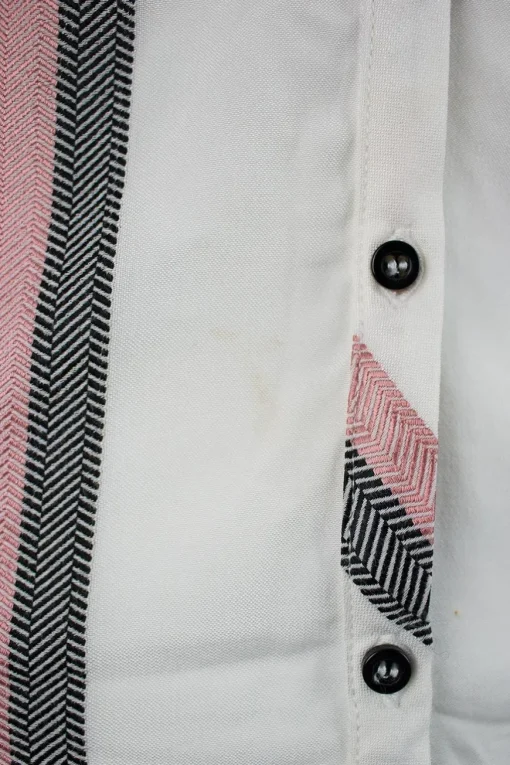 White, red and navy long-sleeve button-up top with embroidery detail