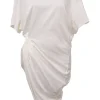 White ruched cotton jersey crewneck asymmetric T-shirt