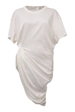 White ruched cotton jersey crewneck asymmetric T-shirt