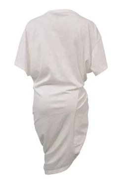 White ruched cotton jersey crewneck asymmetric T-shirt