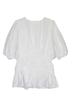 White ruched cotton poplin pullover puff sleeve peplum top