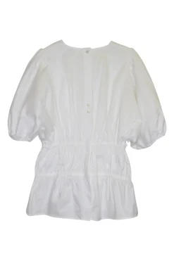 White ruched cotton poplin pullover puff sleeve peplum top