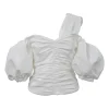 White ruched polyester taffeta cold shoulder bustier top