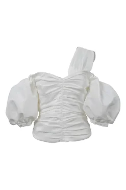 White ruched polyester taffeta cold shoulder bustier top