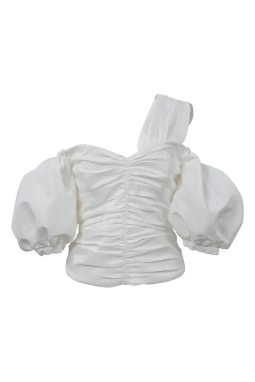 White ruched polyester taffeta cold shoulder bustier top