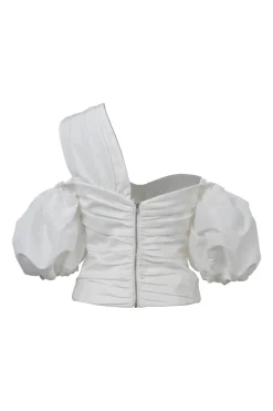 White ruched polyester taffeta cold shoulder bustier top
