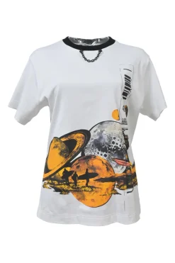 White screen-printed cotton jersey graphic tee featuring Cosmic Volleyball motif and metallic hanger loop appliqué