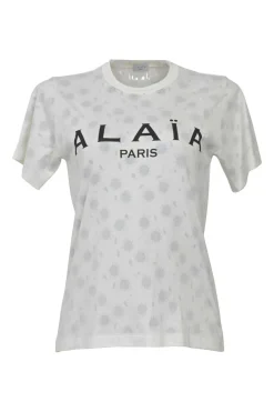 White screen-printed cotton jersey floral print logo crewneck pullover T-shirt