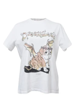 White screen-printed cotton jersey knit crewneck pullover graphic T-shirt featuring dreamer dog motif